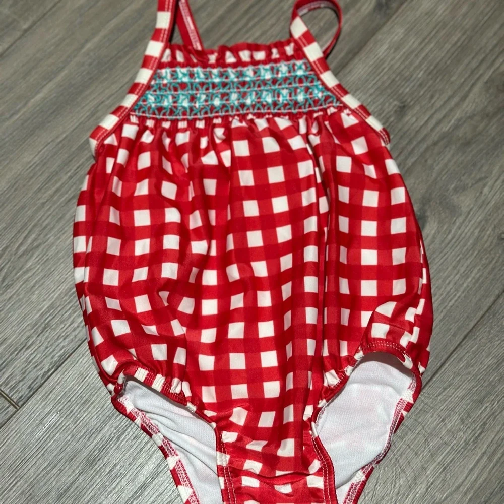 Kids Girl 2T  Month Red Gingham One-Piece Swimsuit with Smocked Detail